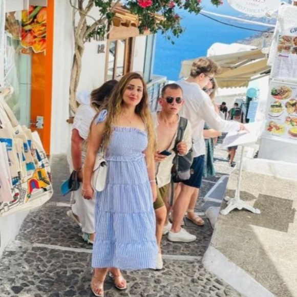 Striped Blue White Midi Dress Tie Straps Shirred Ruffle Detail - Picture 13 of 16